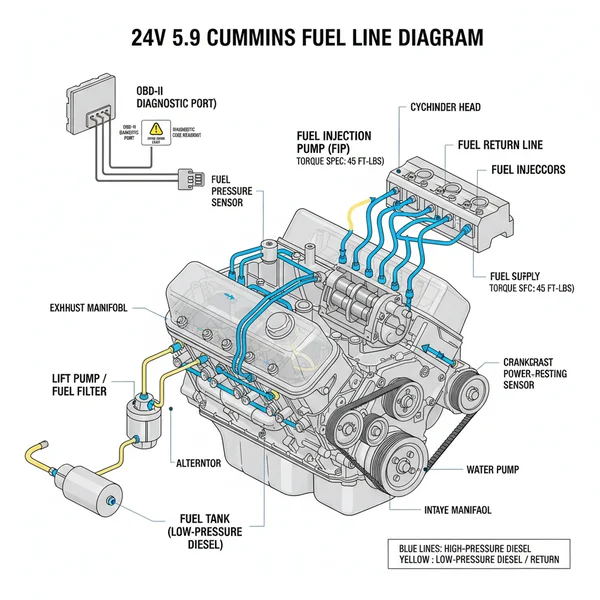 24v 5.9 cummins fuel line diagram diagram with labeled components and explanations