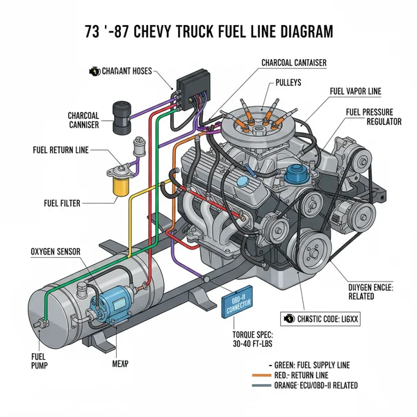 73 - '87 chevy truck fuel line diagram diagram with labeled components and explanations