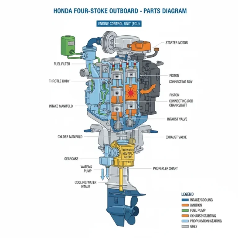 four stroke outboard honda outboard parts diagram diagram with labeled components and explanations