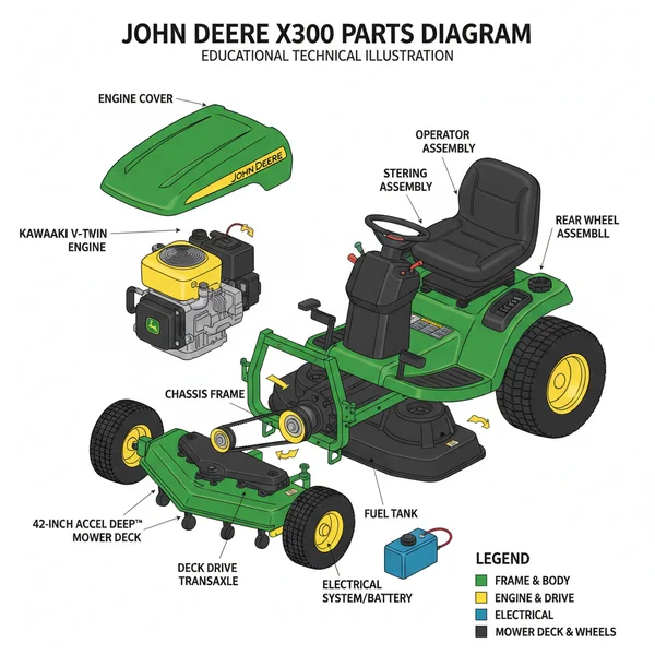 john deere x300 parts diagram diagram with labeled components and explanations
