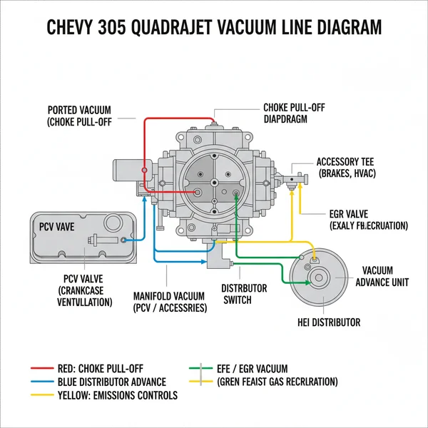 quadrajet vacuum line diagram for chevy 305 diagram with labeled components and explanations