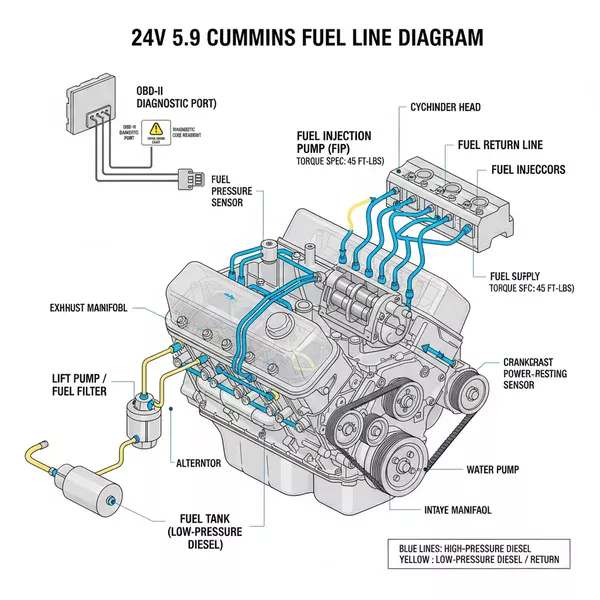 24v 5.9 cummins fuel line diagram diagram with labeled components and explanations