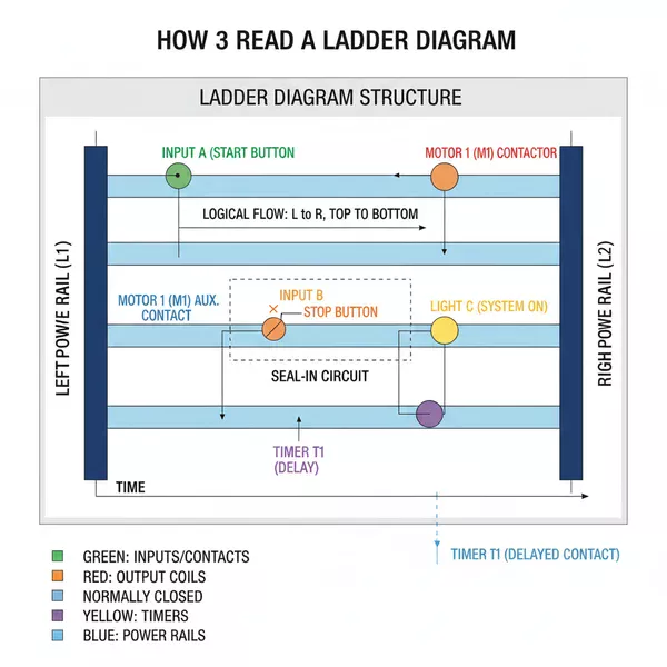 how to read a ladder diagram diagram with labeled components and explanations