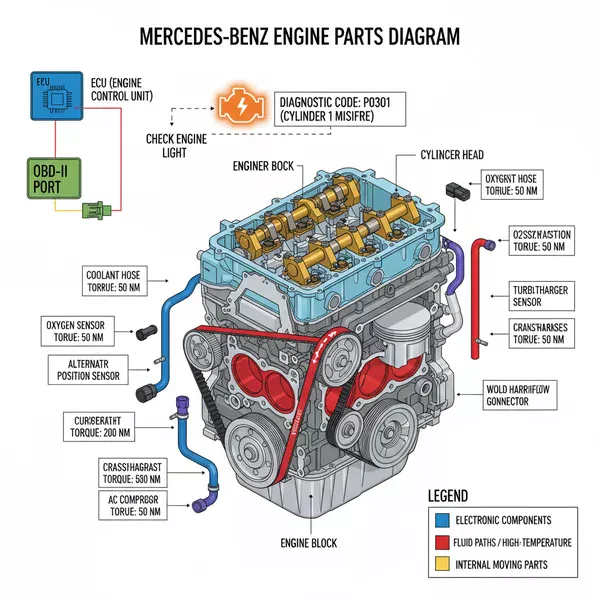 mercedes benz engine parts diagram diagram with labeled components and explanations