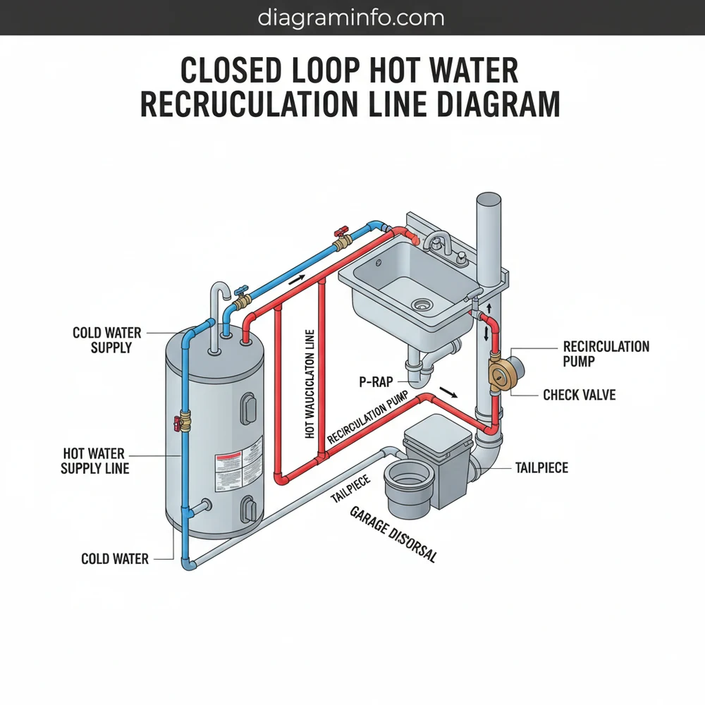 closed loop hot water recirculation line diagram diagram with labeled components and explanations