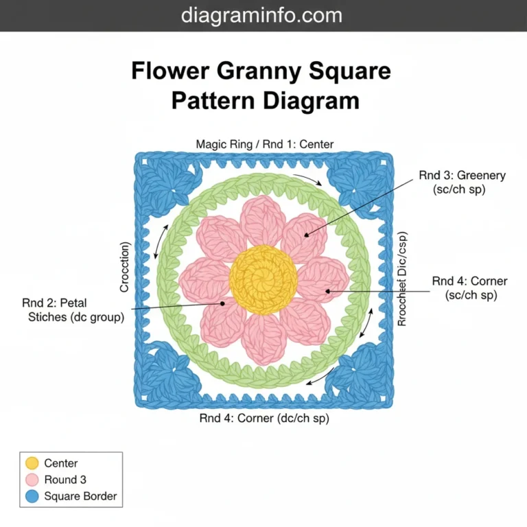 flower granny square pattern diagram diagram with labeled components and explanations