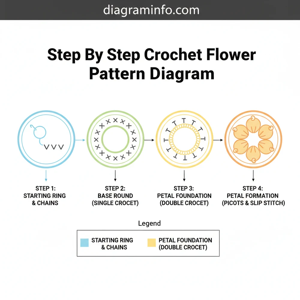 step by step crochet flower pattern diagram diagram with labeled components and explanations