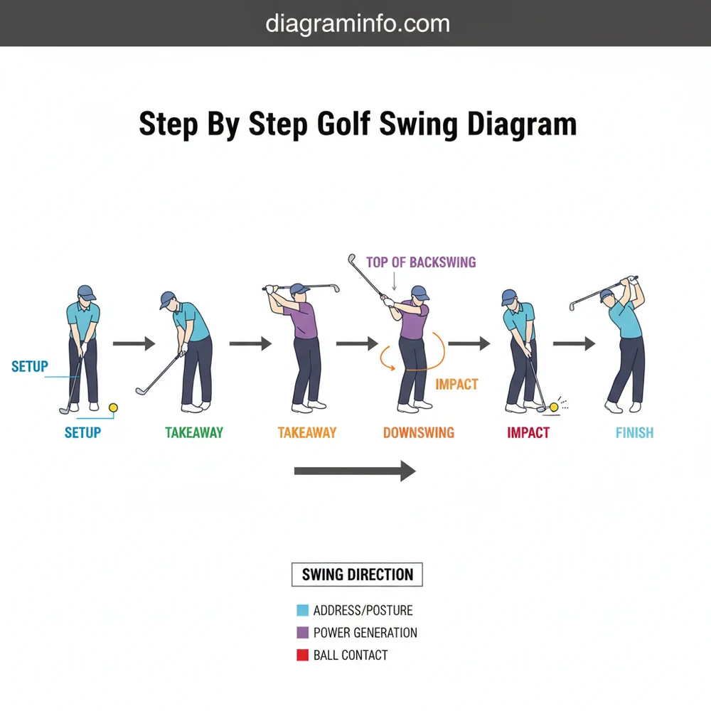 step by step golf swing diagram diagram with labeled components and explanations