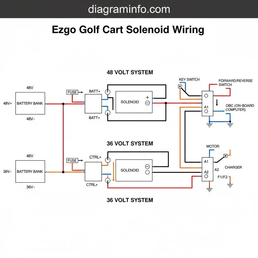 ezgo golf cart solenoid wiring diagram with labeled components and explanations