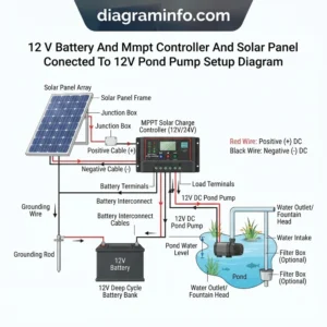 12 v battery and mmpt controller and solar panel conected to 12v pond pump setup diagram diagram with labeled components and explanations