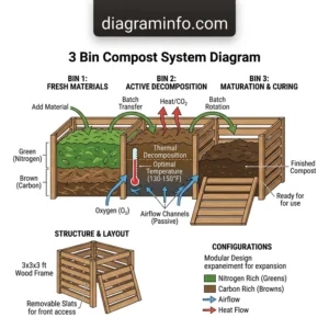 3 bin compost system diagram diagram with labeled components and explanations