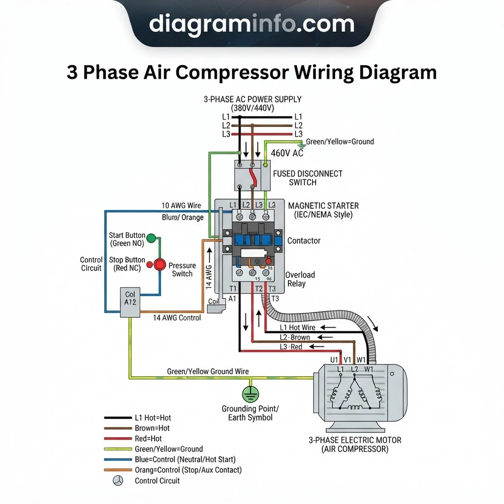 3 phase air compressor wiring diagram diagram with labeled components and explanations