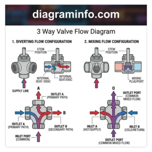 3-way valve flow diagram diagram with labeled components and explanations