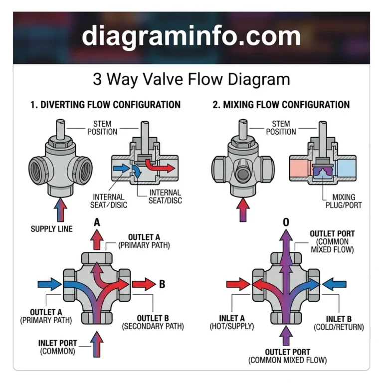 3-way valve flow diagram diagram with labeled components and explanations
