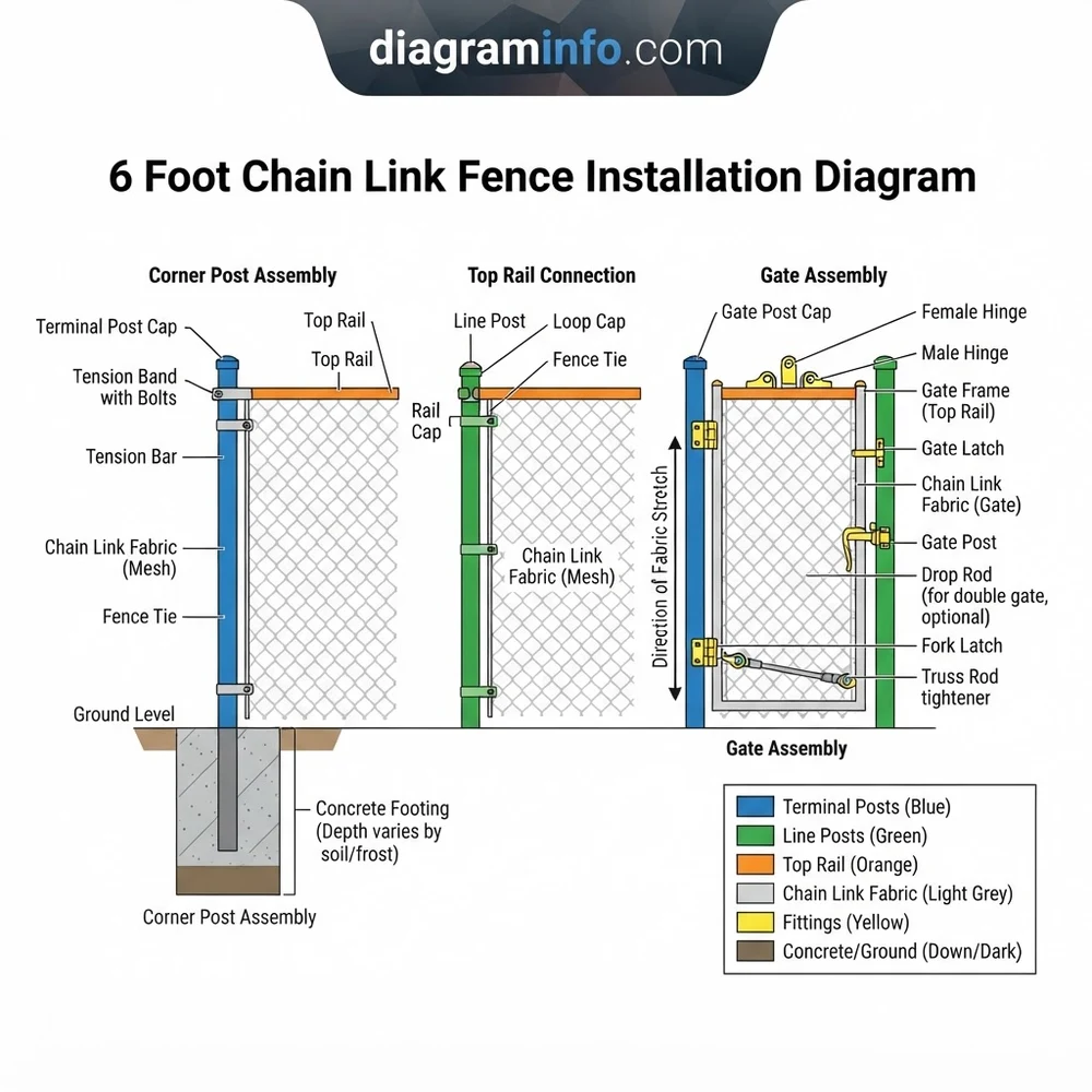 6 foot chain link fence installation diagram diagram with labeled components and explanations