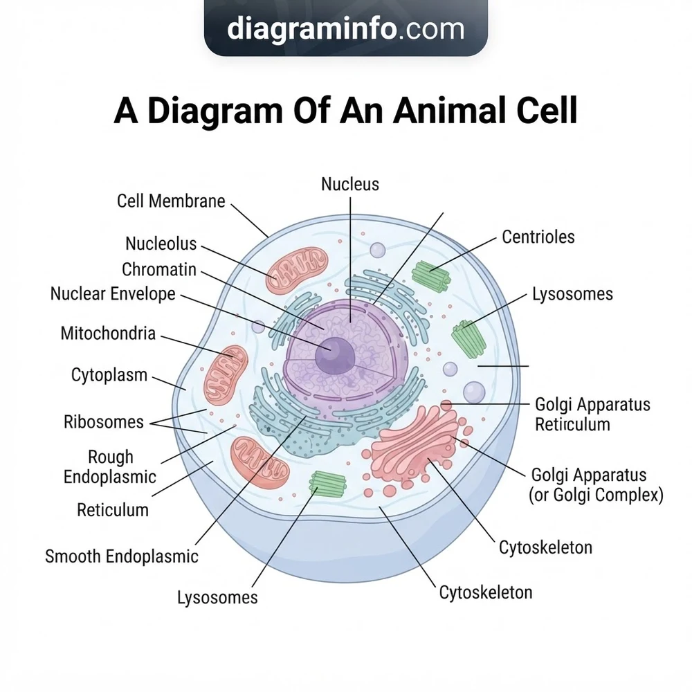 a diagram of an animal cell diagram with labeled components and explanations