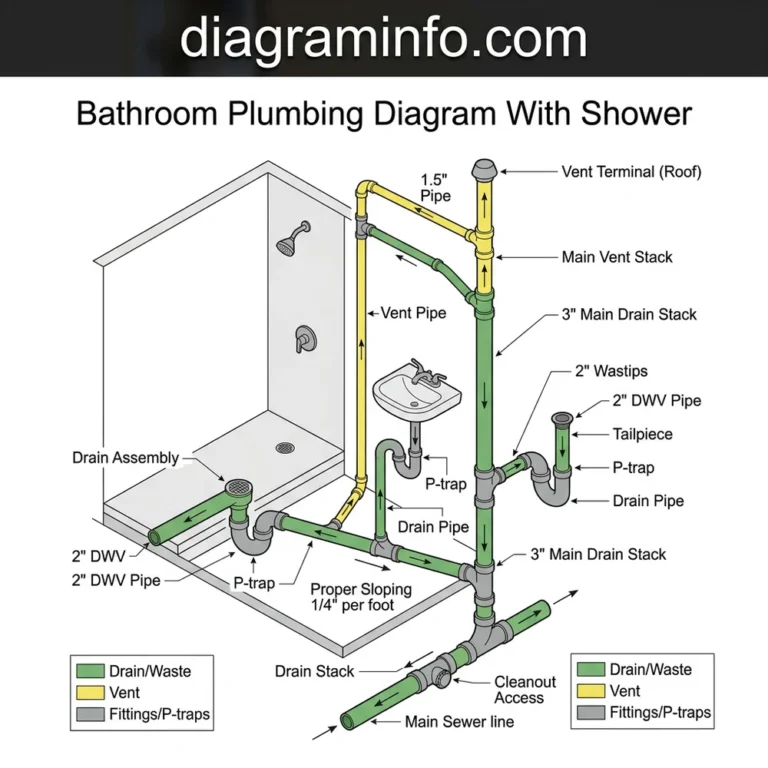 bathroom plumbing diagram with shower diagram with labeled components and explanations