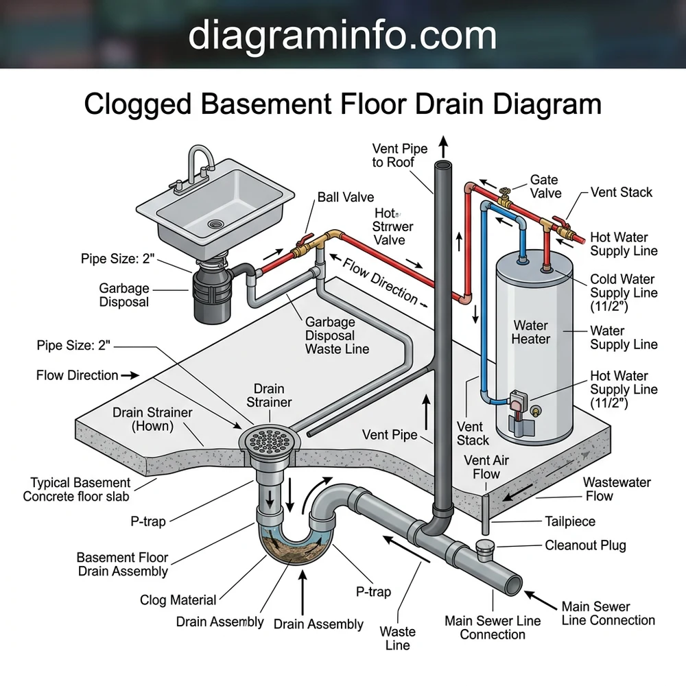 clogged basement floor drain diagram diagram with labeled components and explanations