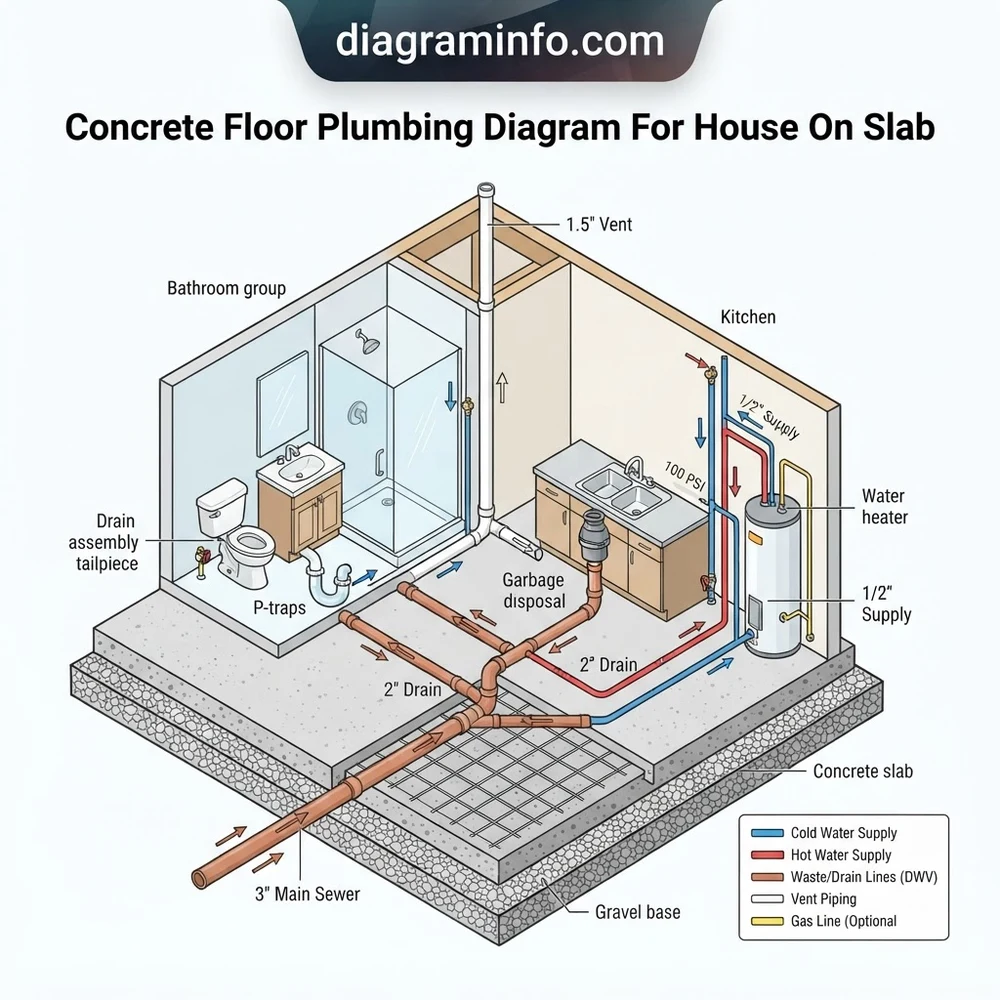 concrete floor plumbing diagram for house on slab diagram with labeled components and explanations
