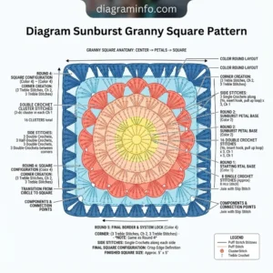 diagram sunburst granny square pattern diagram with labeled components and explanations