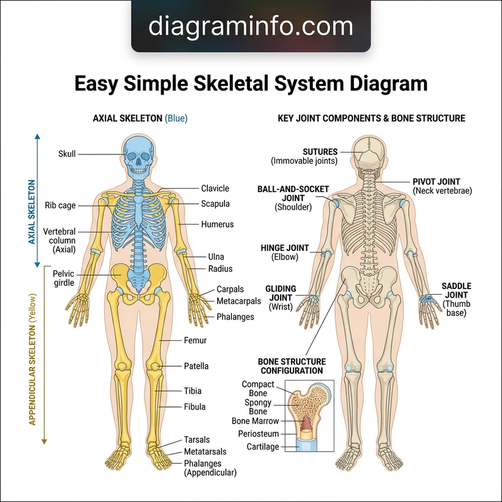 easy simple skeletal system diagram diagram with labeled components and explanations