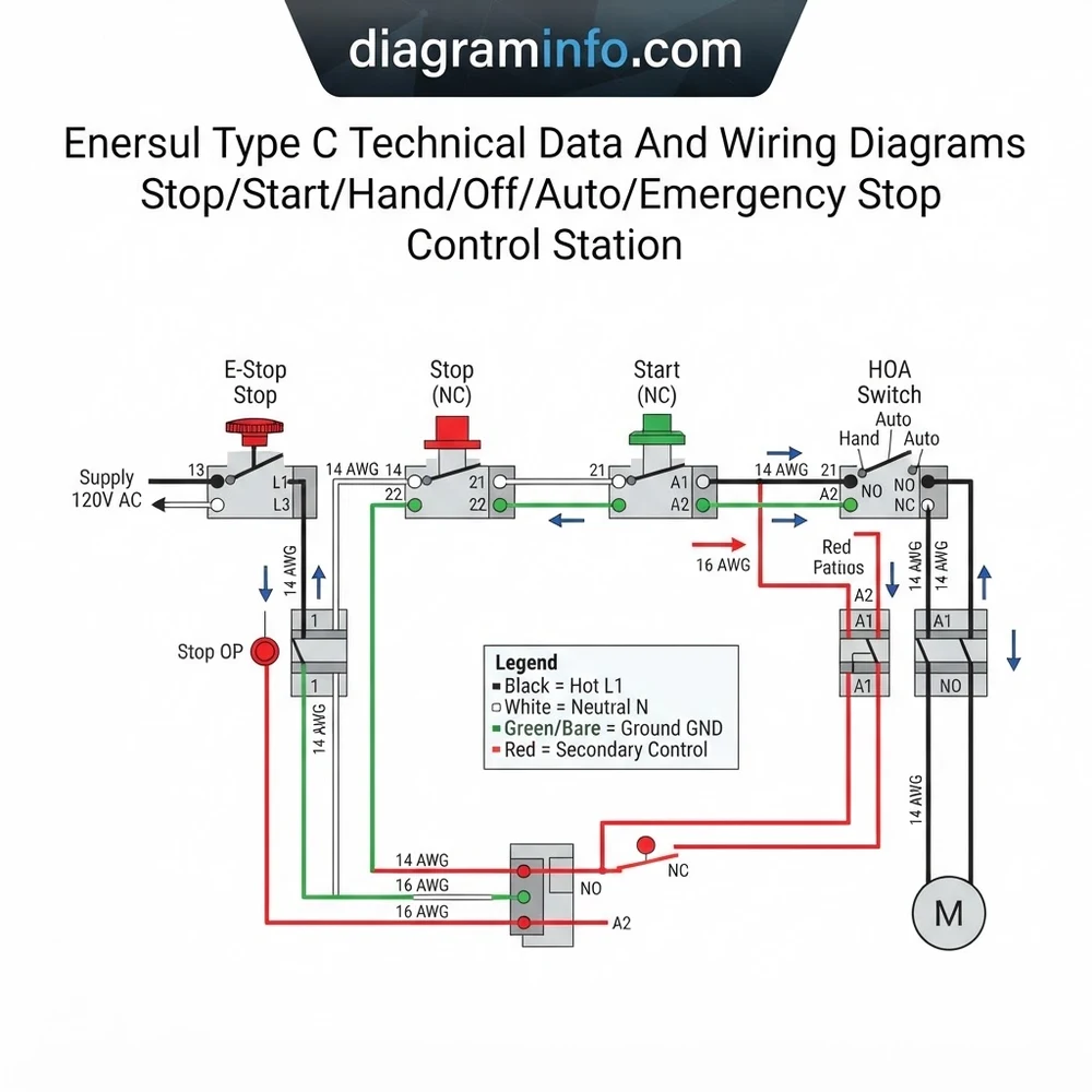 enersul type c technical data and wiring diagrams stop/start/hand/off/auto/emergency stop control station diagram with labeled components and explanations