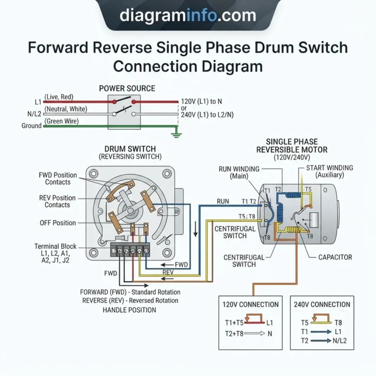 forward reverse single phase drum switch connection diagram diagram with labeled components and explanations