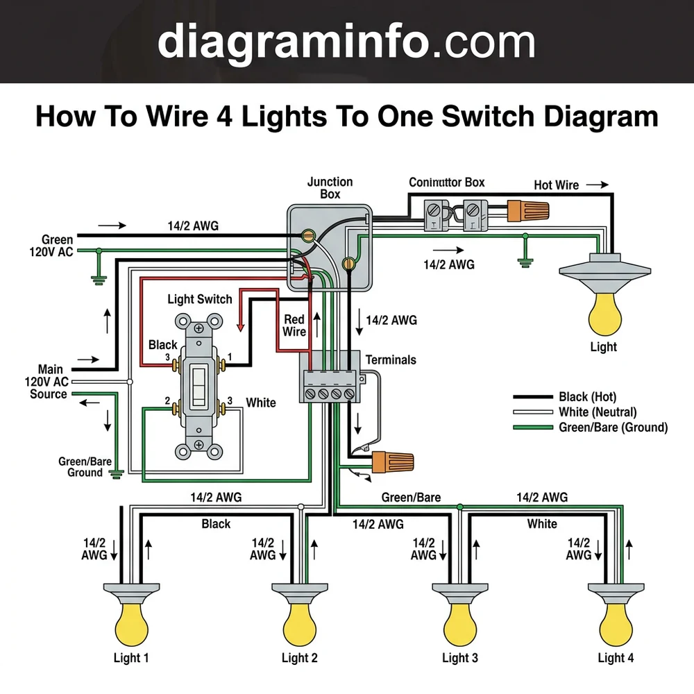 how to wire 4 lights to one switch diagram diagram with labeled components and explanations
