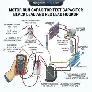 motor run capacitor test capacitor black lead and red lead hookup diagram with labeled components and explanations