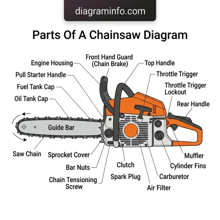parts of a chainsaw diagram diagram with labeled components and explanations
