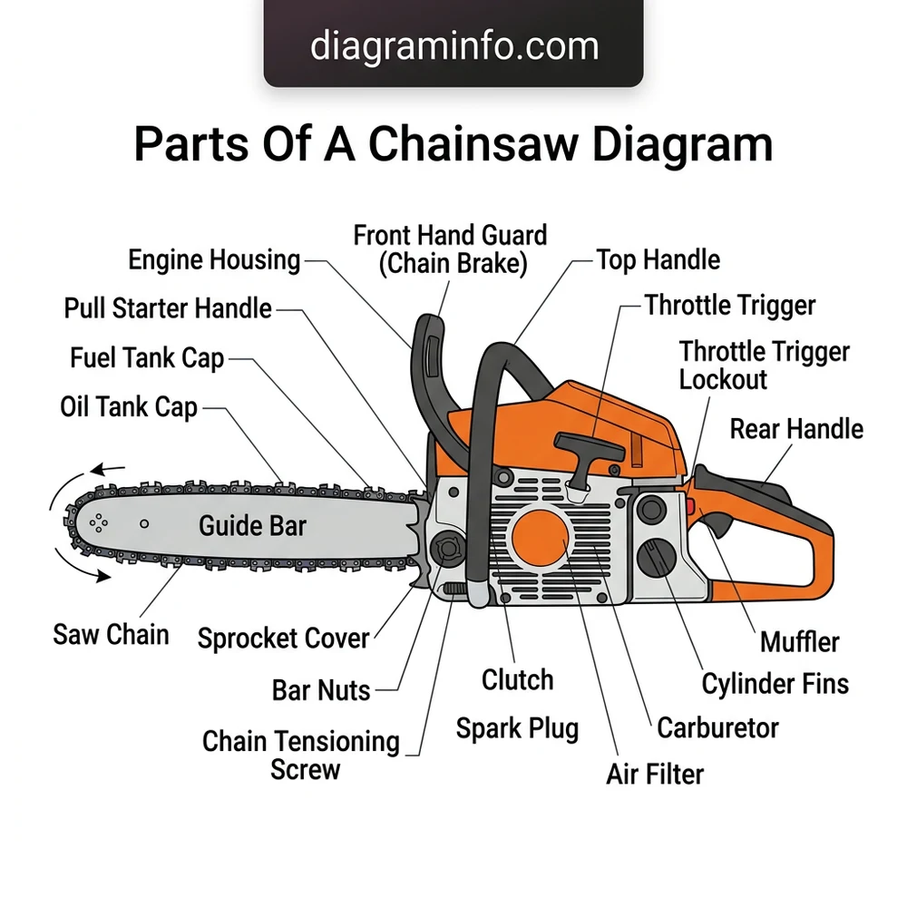 parts of a chainsaw diagram diagram with labeled components and explanations