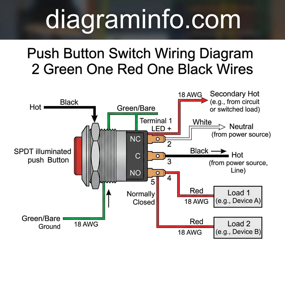 push button switch wiring diagram 2 green one red one black wires diagram with labeled components and explanations