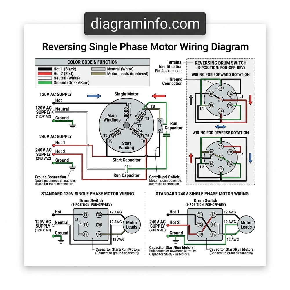 reversing single phase motor wiring diagram diagram with labeled components and explanations