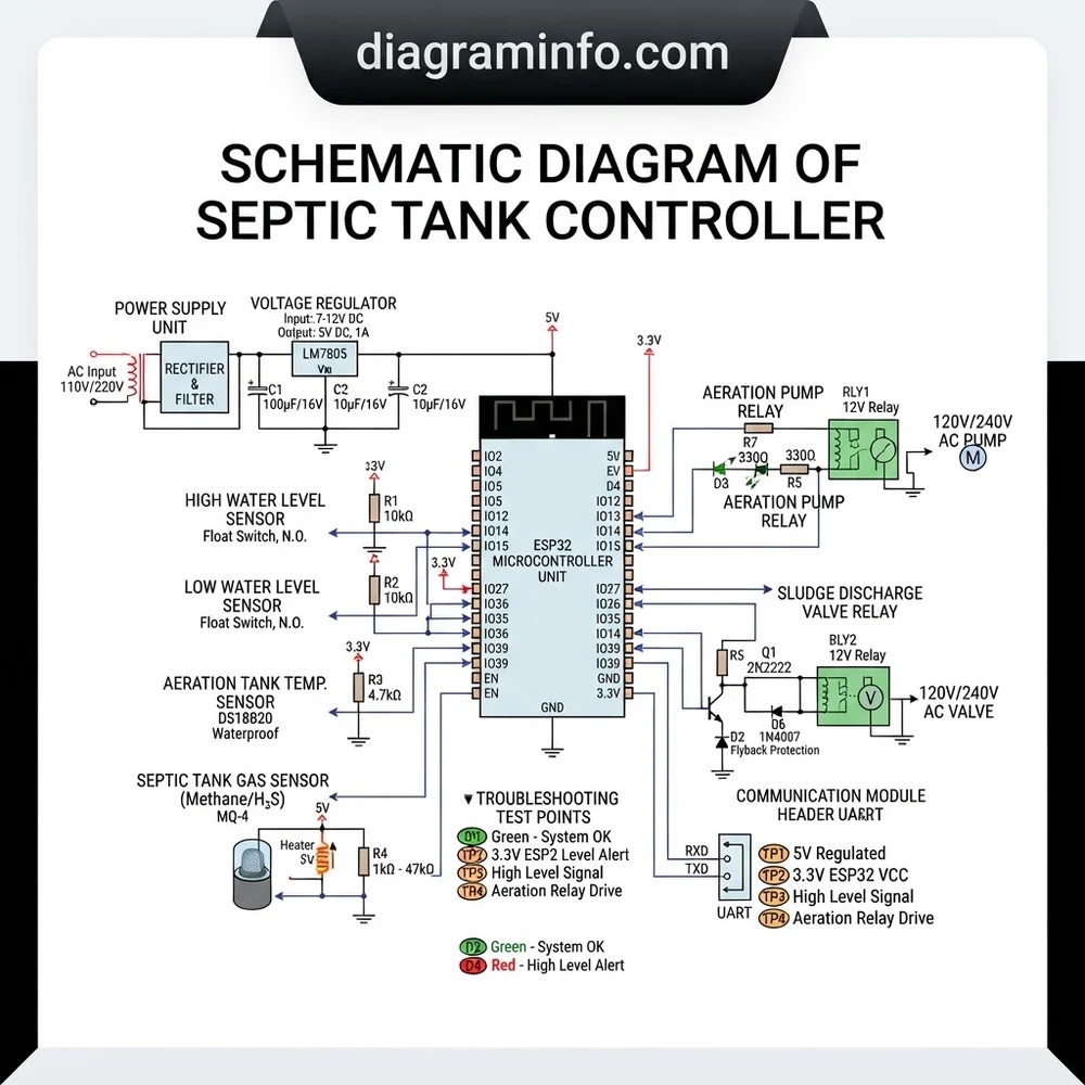 schematic diagram of septic tank diagram with labeled components and explanations