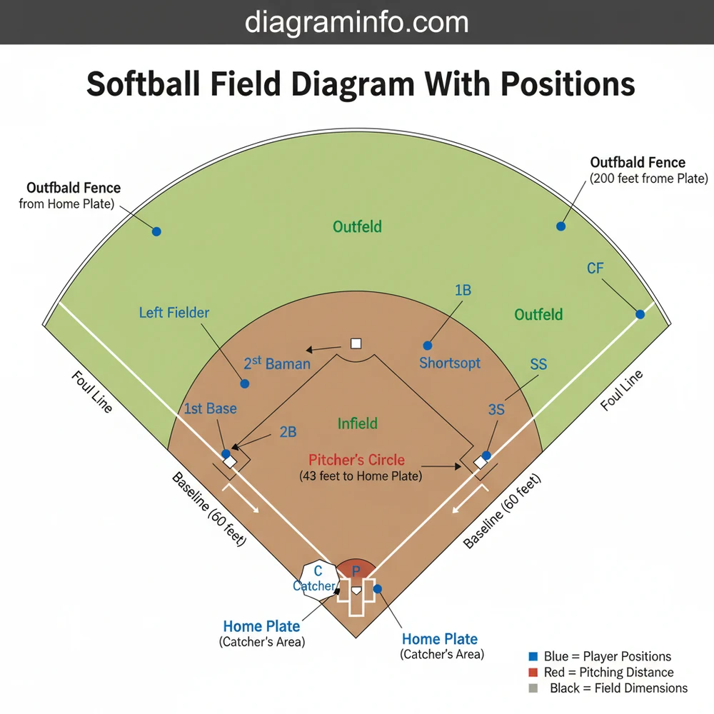 softball field diagram with positions diagram with labeled components and explanations
