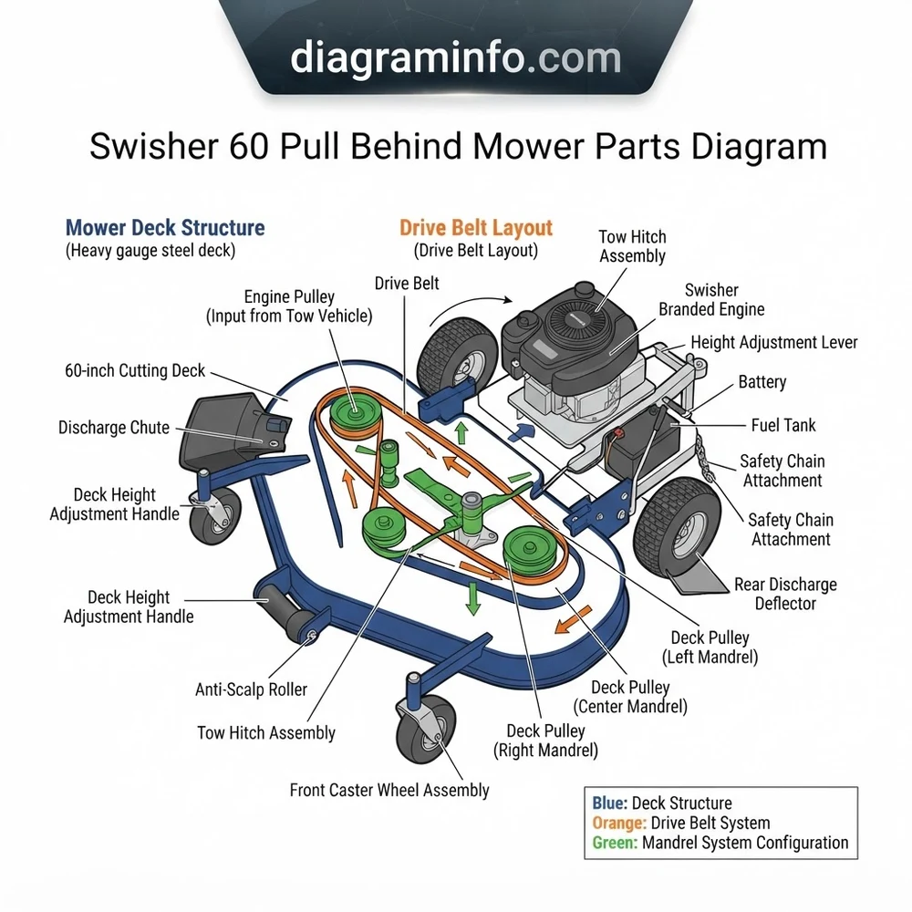swisher 60 pull behind mower parts diagram diagram with labeled components and explanations