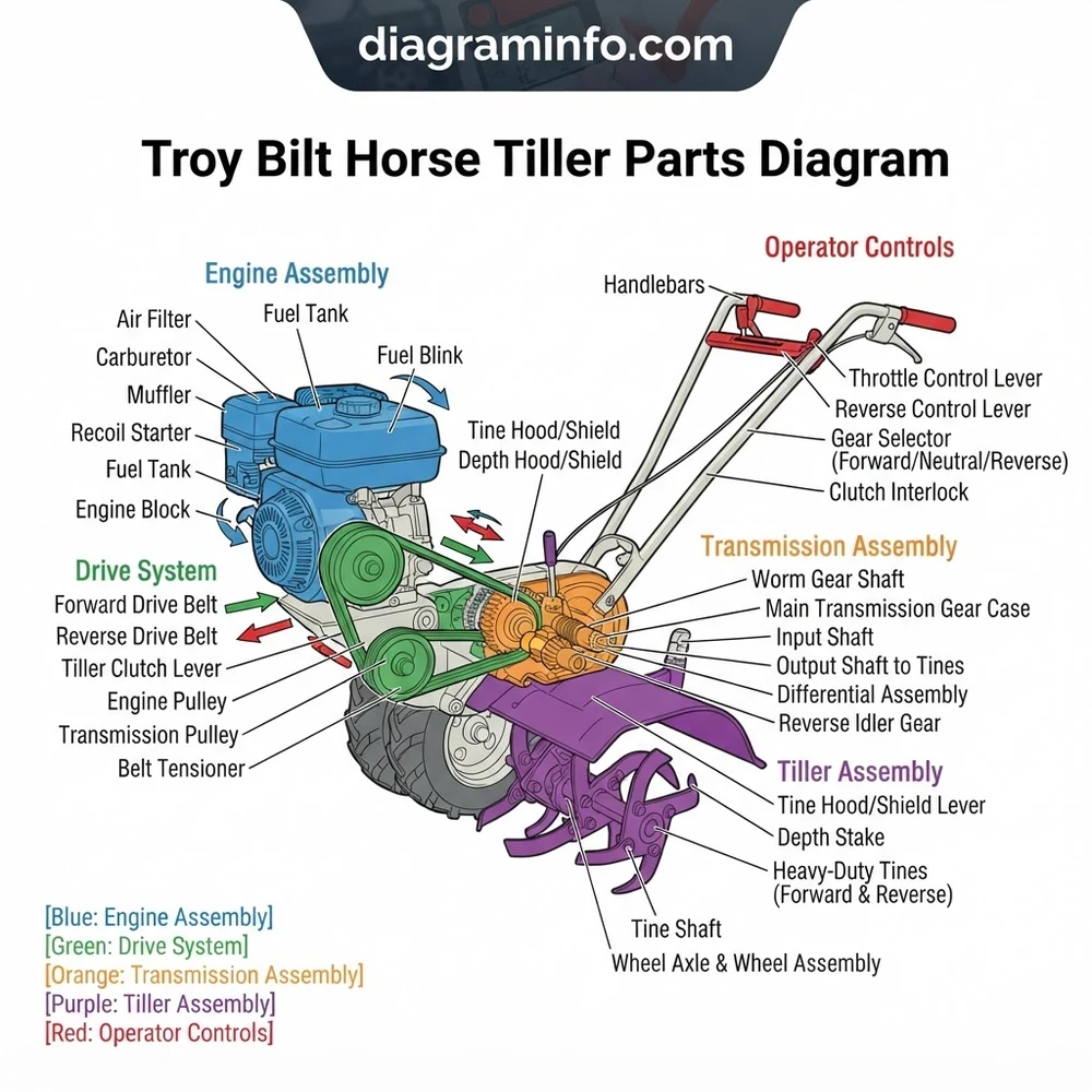 troy-bilt horse tiller parts diagram diagram with labeled components and explanations