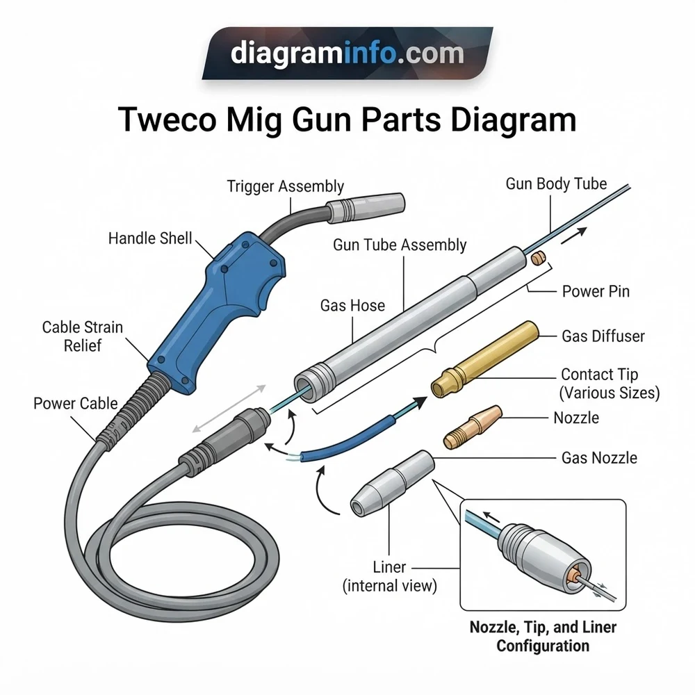 tweco mig gun parts diagram diagram with labeled components and explanations