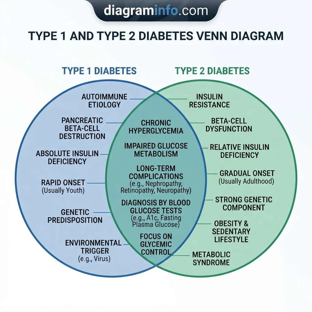 type 1 and type 2 diabetes venn diagram diagram with labeled components and explanations