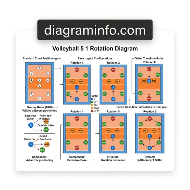 volleyball 5-1 rotation diagram diagram with labeled components and explanations