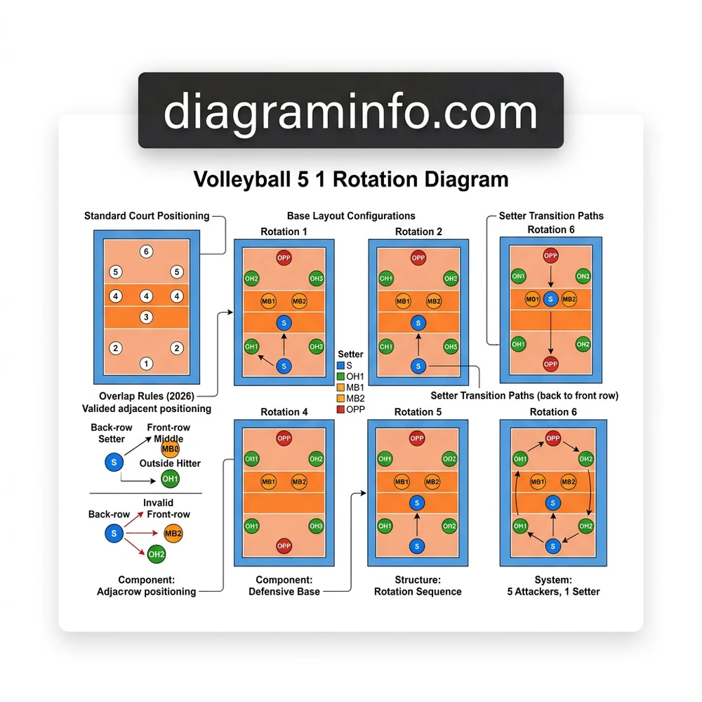 volleyball 5-1 rotation diagram diagram with labeled components and explanations