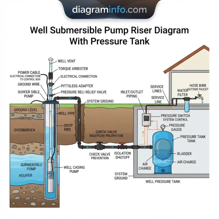 well submersible pump riser diagram with pressure tank diagram with labeled components and explanations